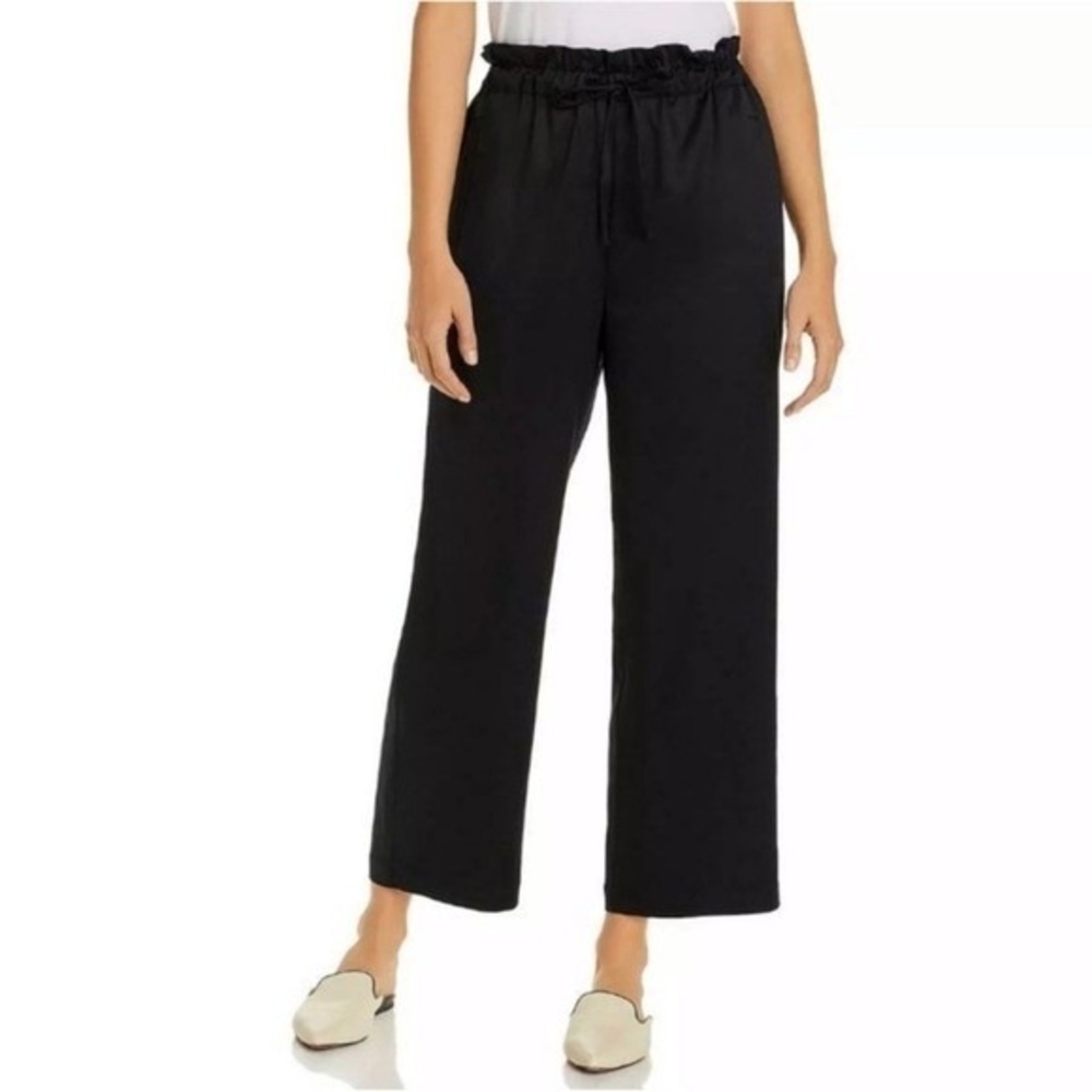 Eileen‎ Fisher Satin High Waist Wide Ankle Pant Black paperbag waist size XS